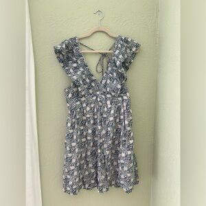 Anthropologie V-Neck Plunge Tunic Mini Dress Blue Motif Size Small